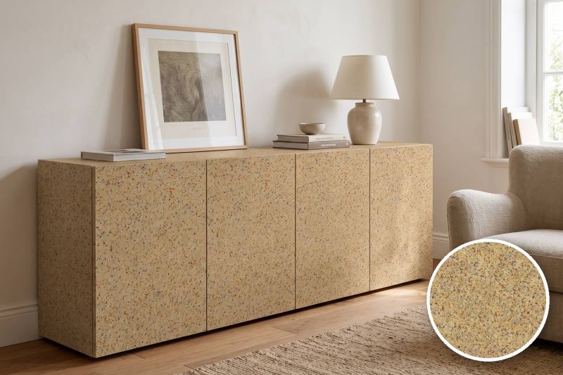 Anwendungsbeispiel mit Coverstyl Möbelfolie Wild – botanisches Dekor Wildgräser, rechts unten die Oberfläche im Detail
