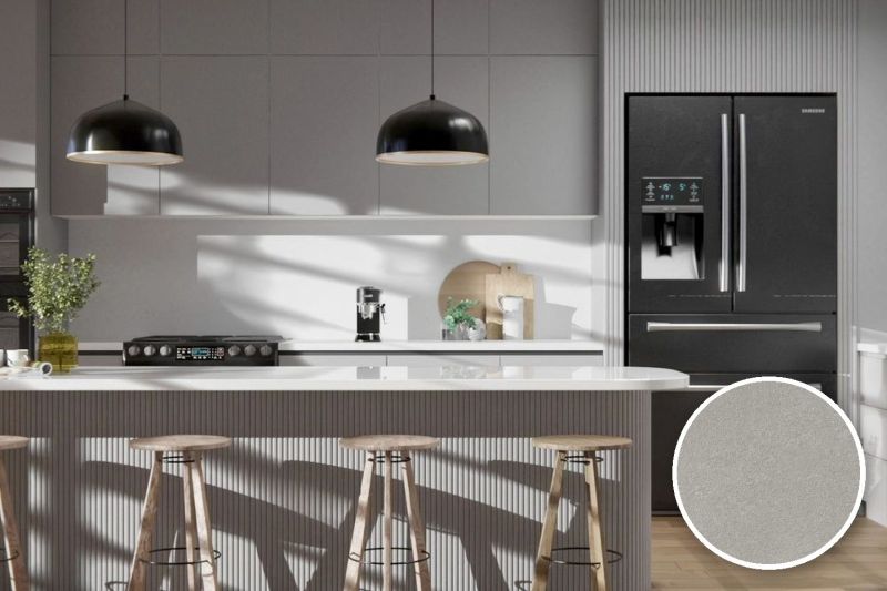Anwendungsbeispiel mit Coverstyl Möbelfolie Cardoso Grigio – Naturstein grau, rechts unten die Oberfläche im Detail