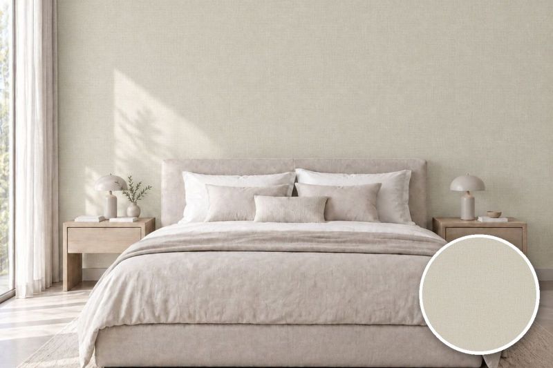 Anwendungsbeispiel mit Coverstyl Möbelfolie Lino Beige – Leinenoptik beige, rechts unten die Oberfläche im Detail