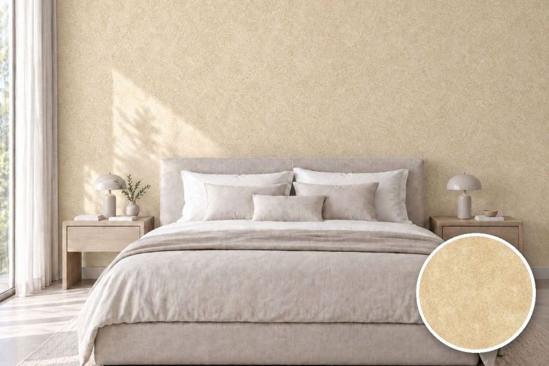 Anwendungsbeispiel mit Coverstyl Möbelfolie Straw – botanisches Dekor Stroh, rechts unten die Oberfläche im Detail