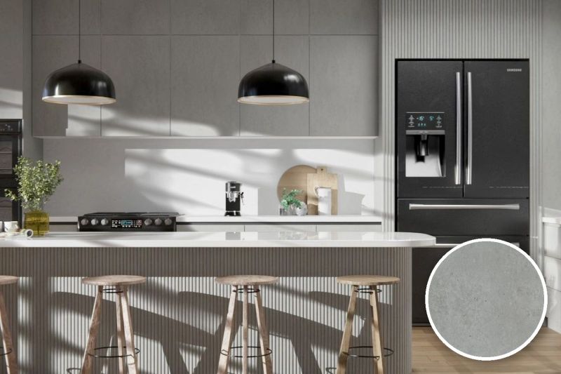 Anwendungsbeispiel mit Coverstyl Möbelfolie Urban Gray – Beton grau, rechts unten die Oberfläche im Detail