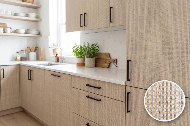 Anwendungsbeispiel mit Coverstyl Möbelfolie Frost Loom – Webstruktur-Bastoptik naturhell, rechts unten die Oberfläche im Detail